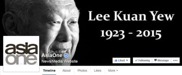 Trang Facebook của AsiaOne cũng có tưởng nhớ ông Lý. Trong ngày hôm nay, toàn bộ hình ảnh trên trang chủ của Asiaone cũng chuyển sang màu đen. 