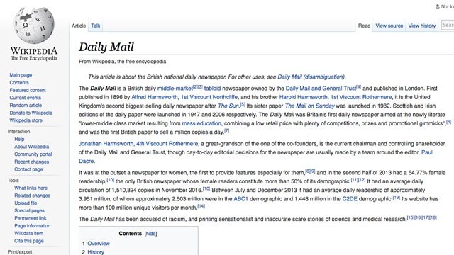 Wikipedia cấm dẫn nguồn thông tin từ Daily Mail