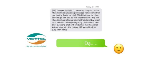 Nhà mạng Viettel gửi tin nhắn thu phí kích hoạt iMessage