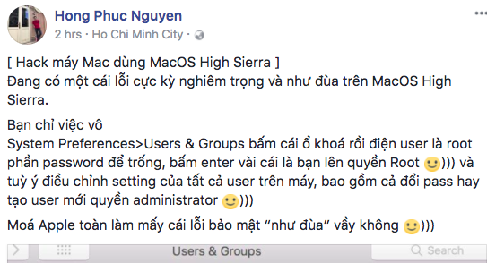 macOS High Sierra xuất hiện lỗi trao quyền root kể cả không cần nhập mật khẩu
