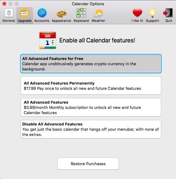 Ứng dụng Calendar 2 có tích hợp mã đào tiền mã hoá xuất hiện trên Mac App Store