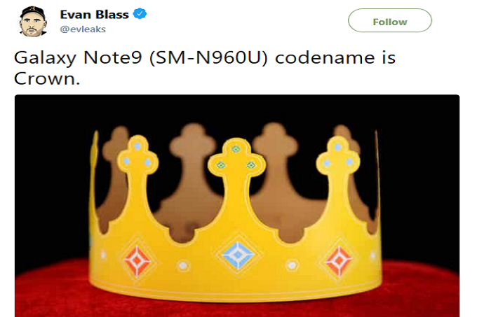 Samsung Galaxy Note9 có tên mã Crown Samsung Galaxy Note 9 sẽ có mã hiệu là Crown