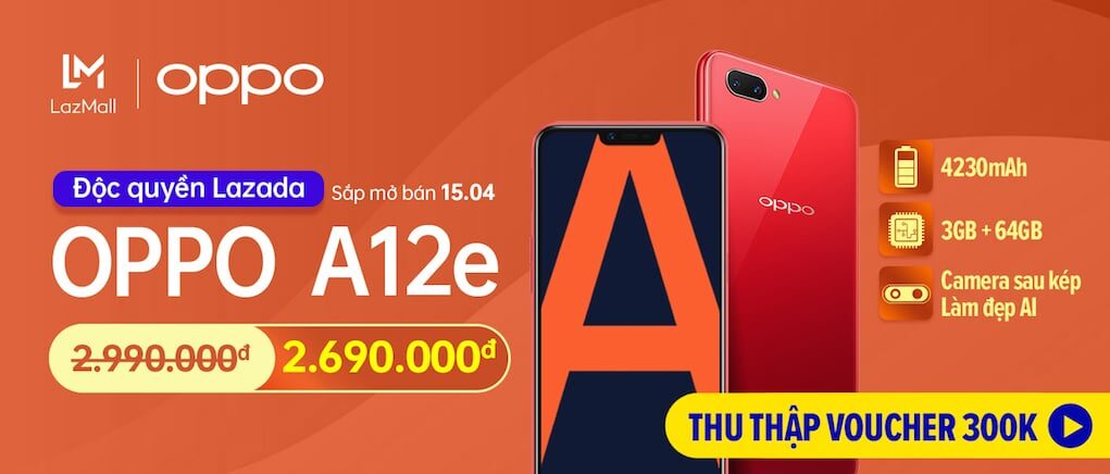 OPPO A12e lên kệ, hai màu đỏ và tím, giá 2,99 triệu đồng