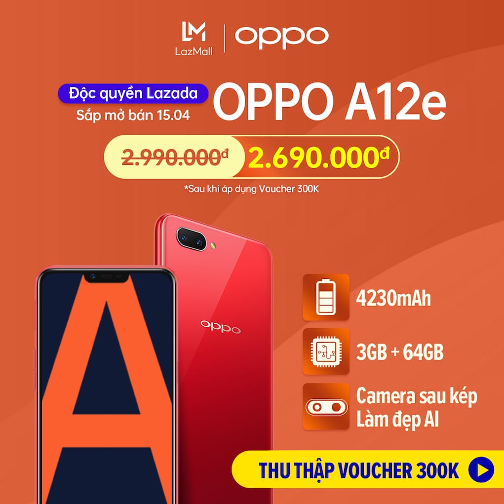 OPPO A12e lên kệ, hai màu đỏ và tím, giá 2,99 triệu đồng