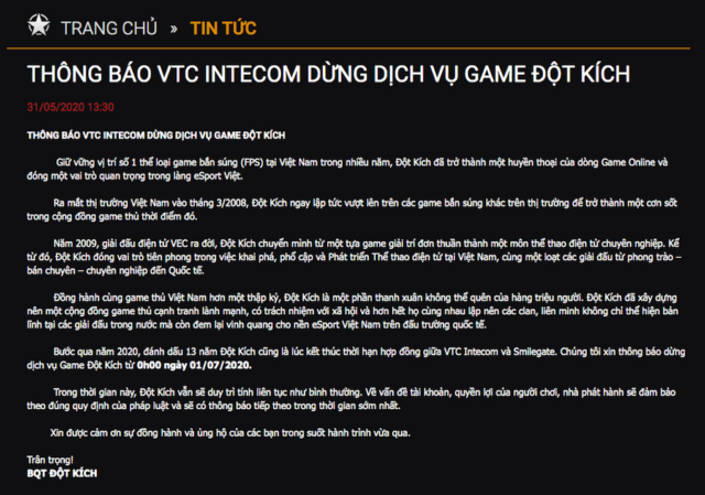Game Đột Kích do VTC Games phát hành sẽ ngừng cung cấp từ 1/7 Game Đột Kích do VTC Games phát hành sẽ ngừng cung cấp từ 1/7