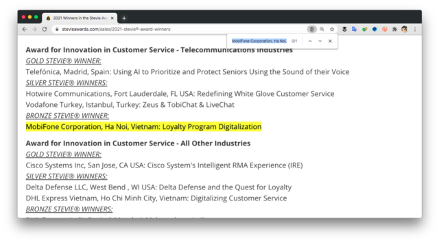 Mobifone giành giải thưởng quốc tế Stevie Award trong lĩnh vực chăm sóc khách hàng Mobifone giành giải thưởng quốc tế Stevie Award trong lĩnh vực chăm sóc khách hàng