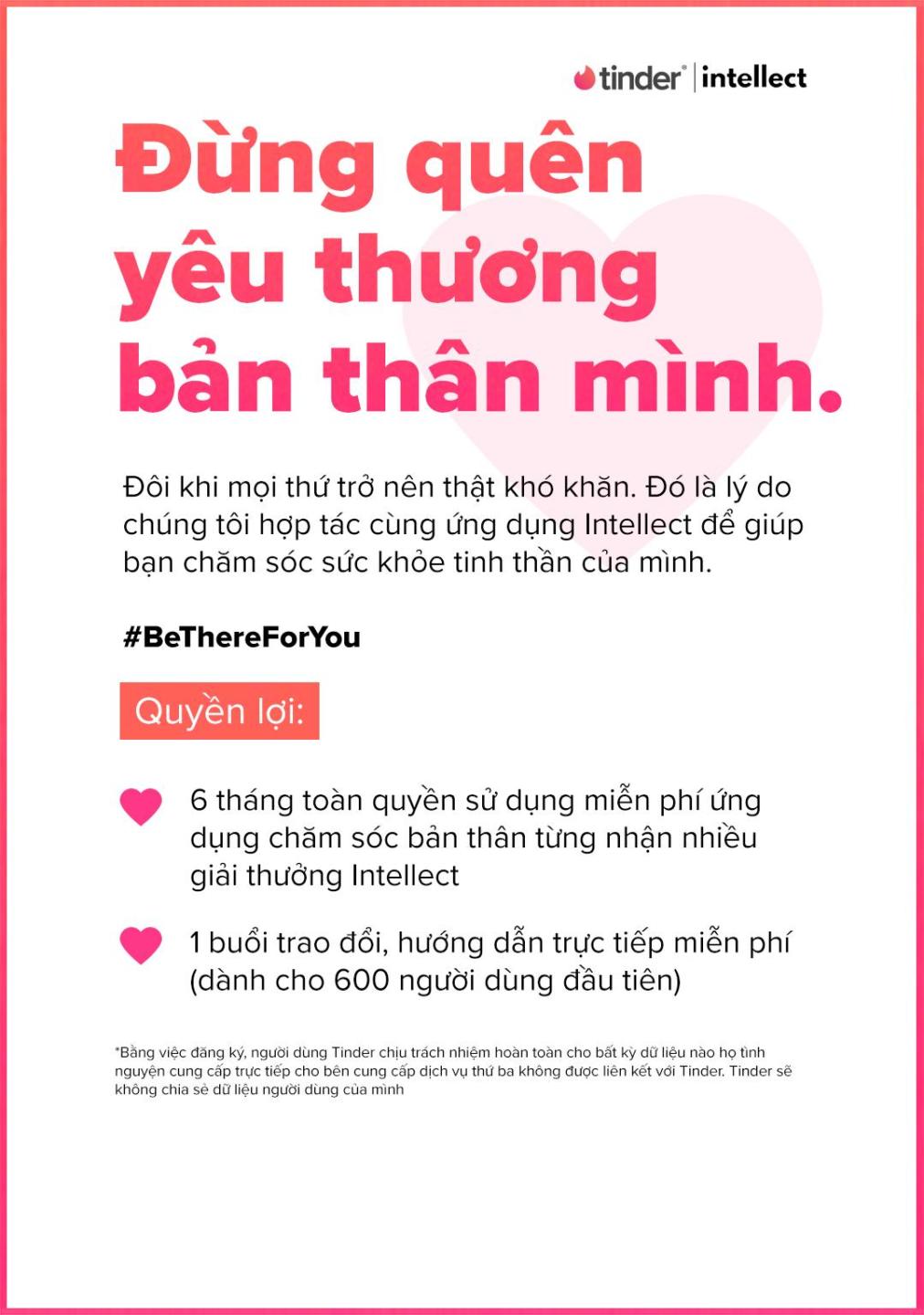 Tinder hợp tác Intellect cung cấp miễn phí tài nguyên chăm sóc sức khỏe cho thành viên
