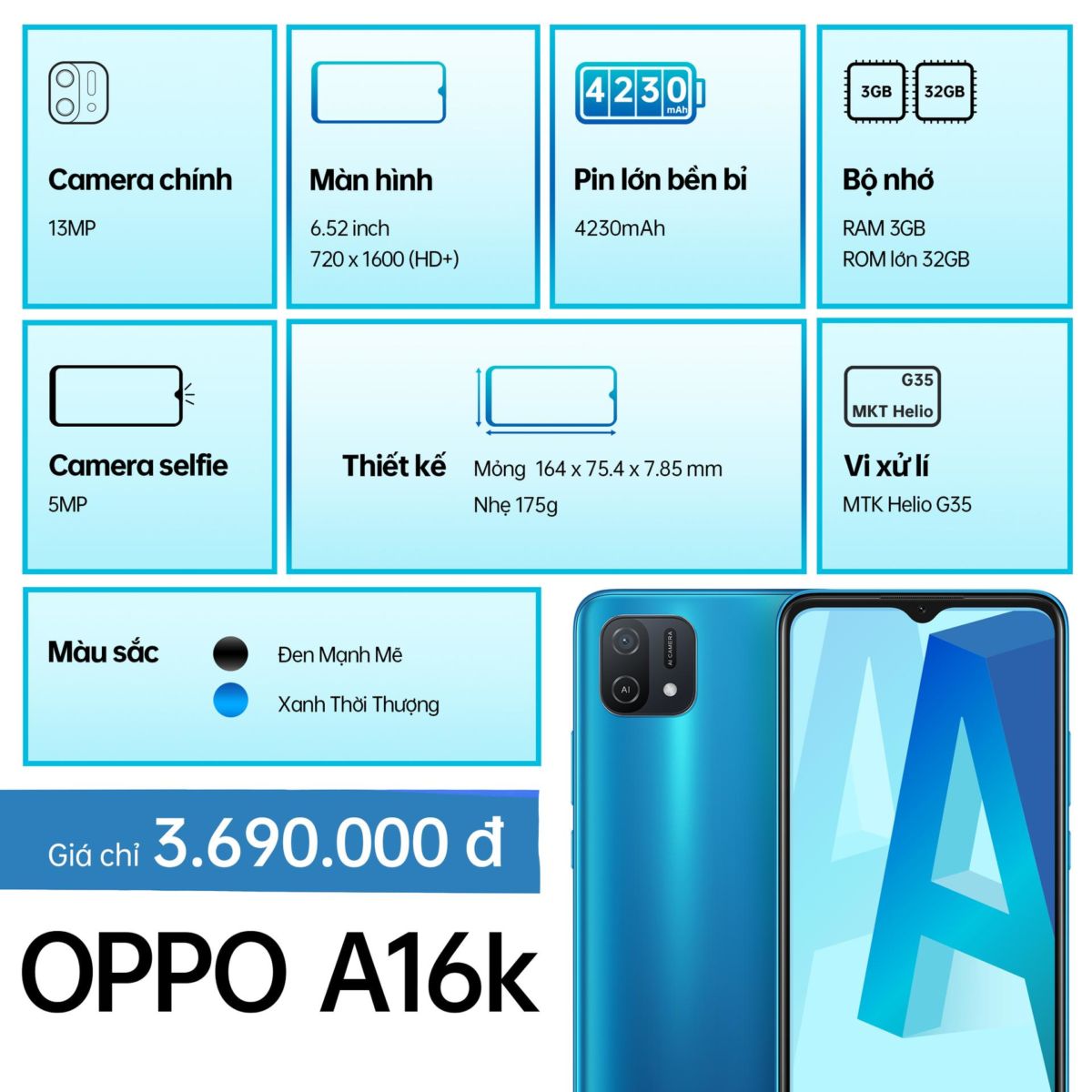 OPPO A16k lên kệ: hai màu xanh và đen, giá chính thức 3,7 triệu đồng