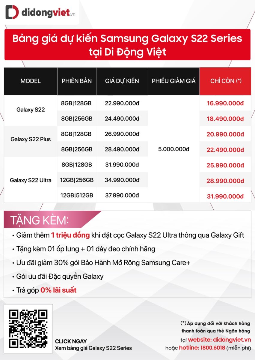 Đặt trước Samsung Galaxy S22 series nhận bộ quà khủng lên đến 7 triệu đồng tại Di Động Việt Đặt trước Samsung Galaxy S22 series nhận bộ quà khủng lên đến 7 triệu đồng tại Di Động Việt
