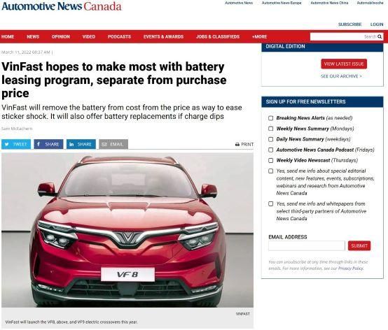Automotive News: chính sách thuê pin của VinFast là độc đáo Automotive News: chính sách thuê pin của VinFast là độc đáo