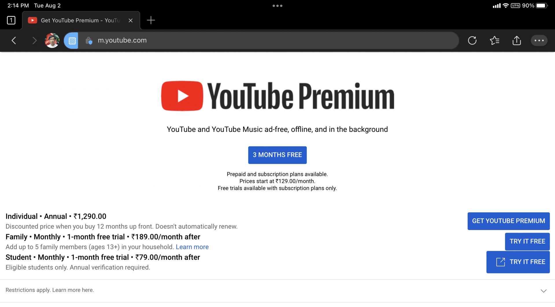 Tự đăng ký YouTube Premium với giá khoảng 70.000 đồng / tháng