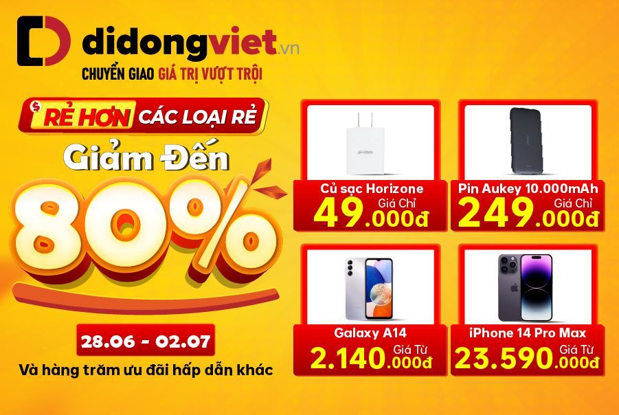 Di Động Việt tiếp tục cuộc chiến giá với thông điệp “Rẻ hơn các loại rẻ”, các dòng điện thoại, phụ kiện công nghệ giảm chạm đáy đến 80%, chỉ còn từ 49 ngàn đồng vào cuối tháng 6. 215830-di-dong-viet-re-dien-thoa-giam-den-80%
