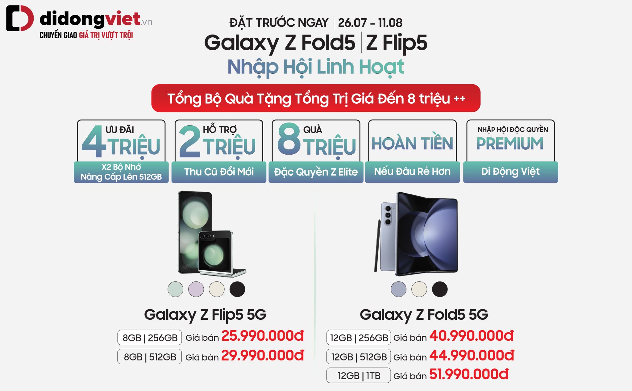 Di Động Việt nhận đặt trước Galaxy Z Fold5|Z Flip5 với nhiều ưu đãi độc quyền trị giá hơn 8 triệu đồng 217495-di-dong-viet-galaxy-z-fold5z-flip5