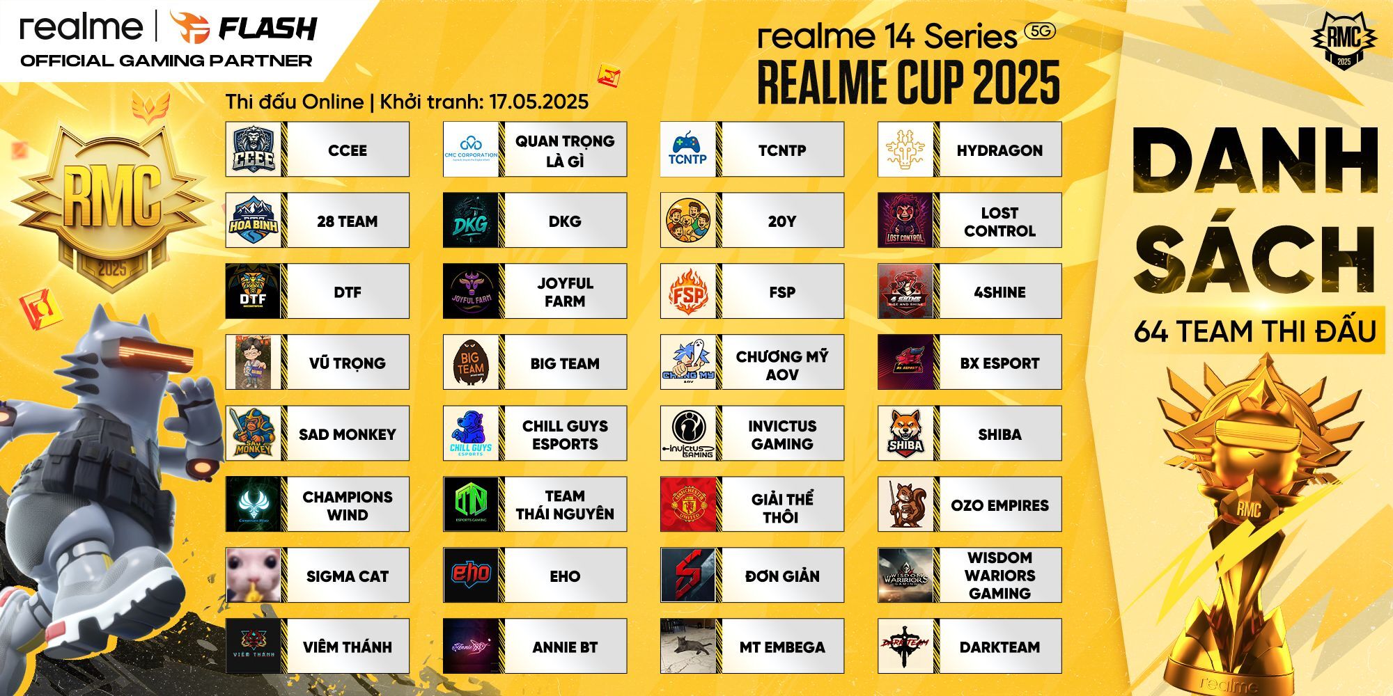 Giải đấu realme Cup dành cho cộng đồng đam mê Esports, tổng giải thưởng lên đến 50 triệu đồng realme khuấy động mùa hè với giải đấu realme Cup dành cho cộng đồng đam mê Esports, quy tụ 64 đội tuyển tranh tài với tổng giải thưởng lên đến 50 triệu đồng