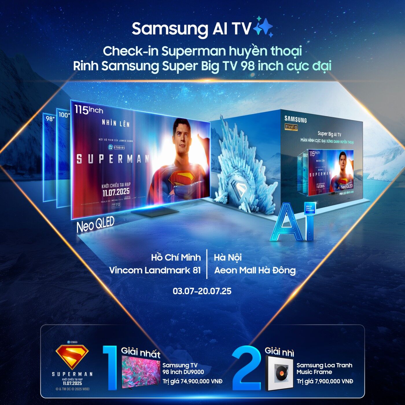 Checkin cùng Superman, trúng Samsung AI TV cực đại trị giá 75 triệu Checkin cùng Superman, trúng Samsung AI TV cực đại trị giá 75 triệu