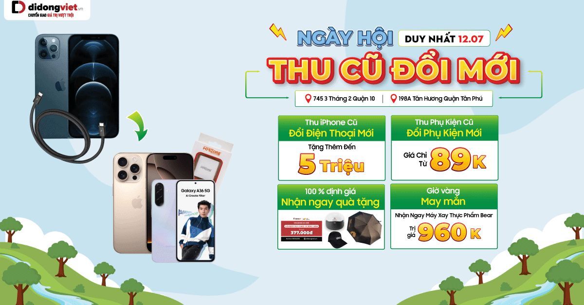 Thứ 7 bùng nổ cùng Di Động Việt: ‘Thu cũ - đổi mới’ iPhone trợ giá đến 5 triệu đồng, đổi phụ kiện mới từ 89 nghìn đồng Thứ 7 bùng nổ cùng Di Động Việt: ‘Thu cũ - đổi mới’ iPhone trợ giá đến 5 triệu đồng, đổi phụ kiện mới từ 89 nghìn đồng