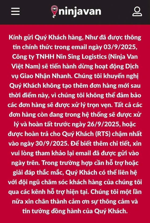 Ninja Van Việt Nam thông báo dừng toàn bộ dịch vụ giao nhận nhanh từ cuối tháng 9/2025 Ninja Van Việt Nam thông báo dừng toàn bộ dịch vụ giao nhận nhanh từ cuối tháng 9/2025