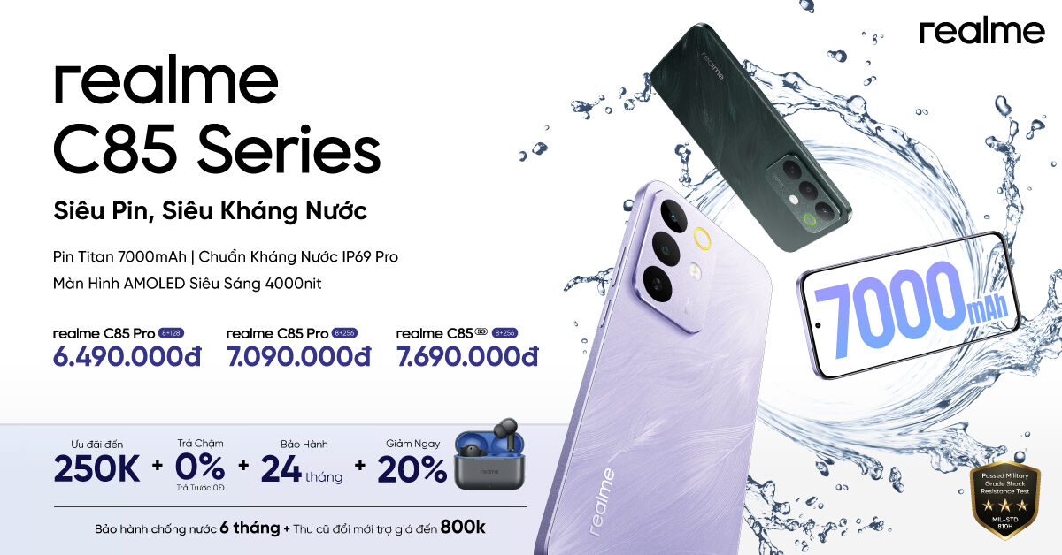 realme C85 Series ra mắt, giá từ 6,5 triệu đồng realme C85 Series chính thức ra mắt: Siêu pin, siêu kháng nước IP69 Pro vượt chuẩn, tái định nghĩa độ bền của smartphone phân khúc phổ thông