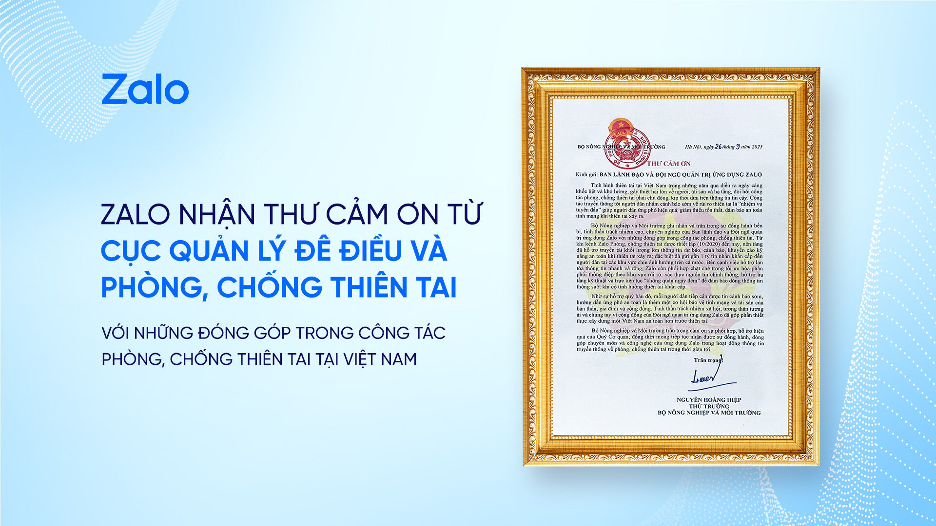 Bộ Nông nghiệp và Môi trường hợp tác cùng Zalo trong công tác phòng chống thiên tai tại Việt Nam giai đoạn 2026-2028 Bộ Nông nghiệp và Môi trường hợp tác cùng Zalo trong công tác phòng chống thiên tai tại Việt Nam giai đoạn 2026-2028