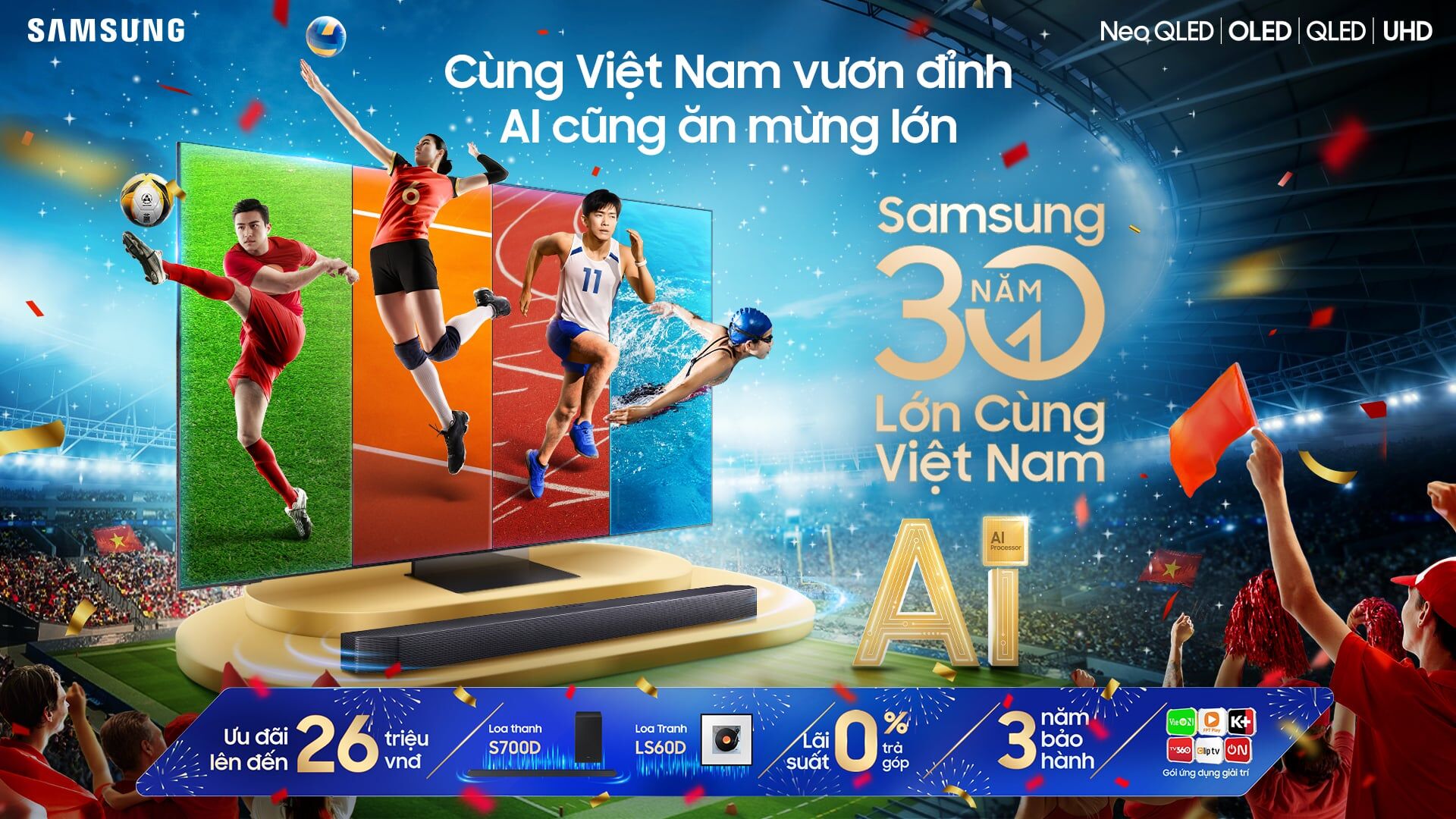 Samsung AI TV đồng hành FPT Play mang SEA Games 33 trọn vẹn đến từng gia đình Việt Samsung AI TV đồng hành cùng FPT Play mang SEA Games 33 trọn vẹn đến từng gia đình Việt