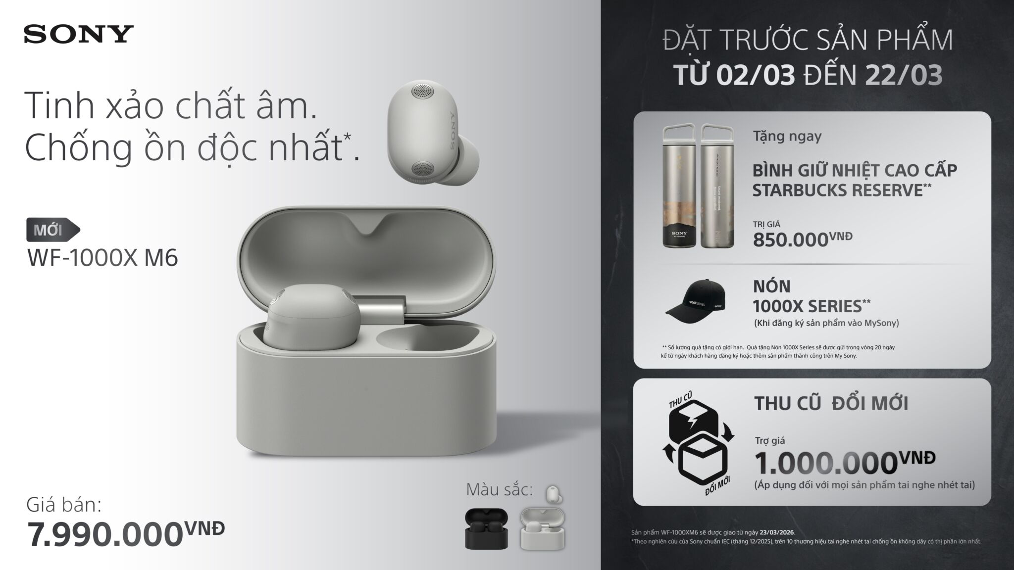 Sony trình làng tai nghe true wireless chống ồn tốt nhất WF-1000XM6