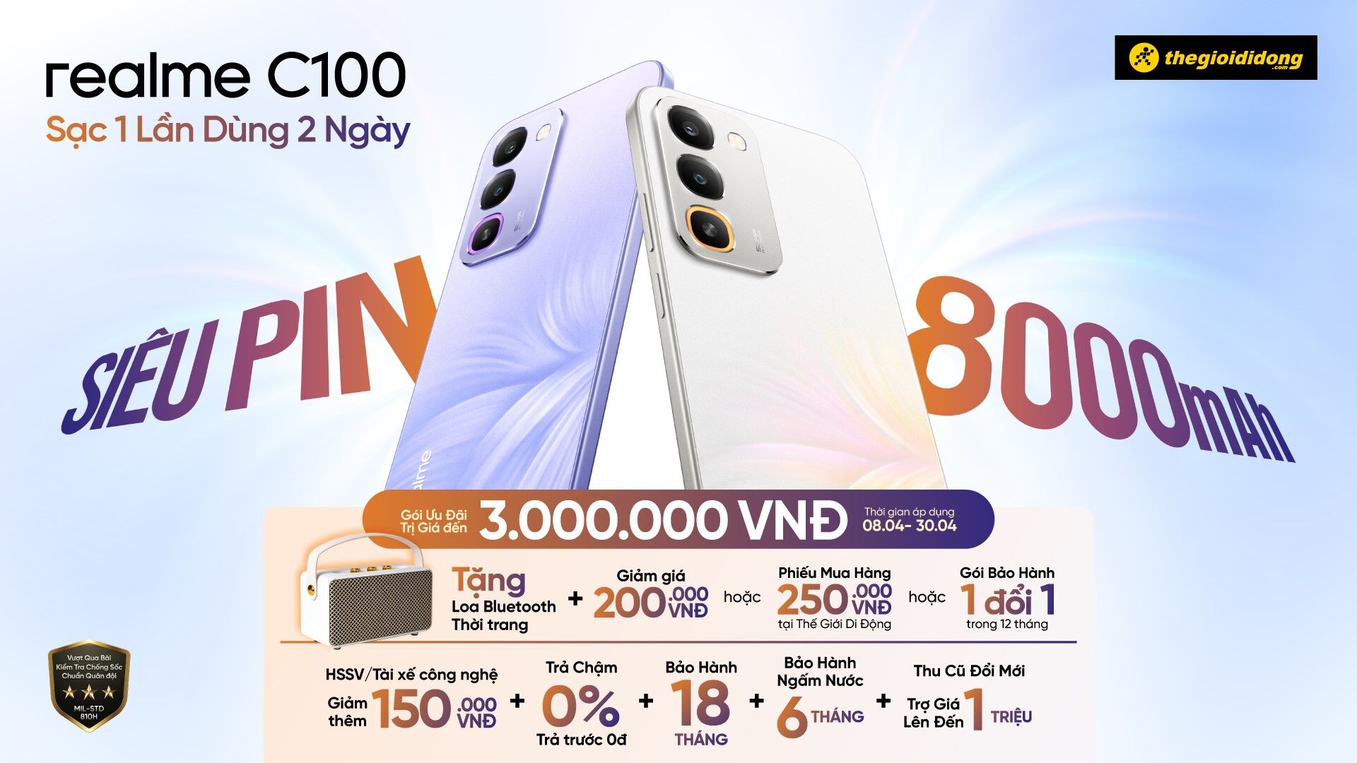 realme C100 chính thức ra mắt: Siêu pin Titan 8000mAh đột phá trong phân khúc phổ thông với khả năng “sạc một lần, dùng 2 ngày”